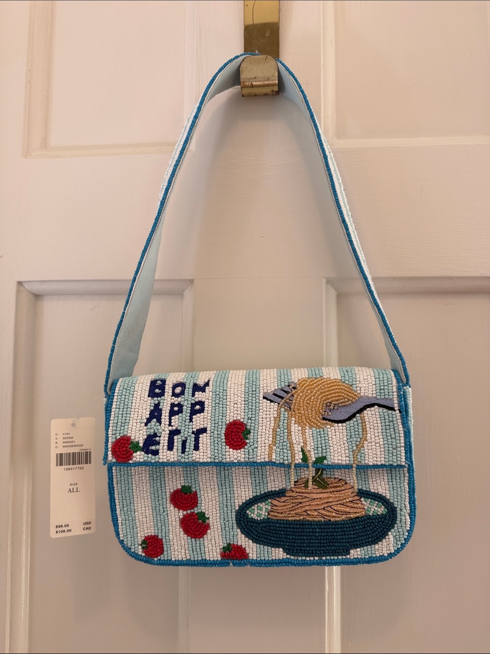 NWT Anthropologie Blue & White Beaded Shoulder Bag with Cherry & Noodle Motif